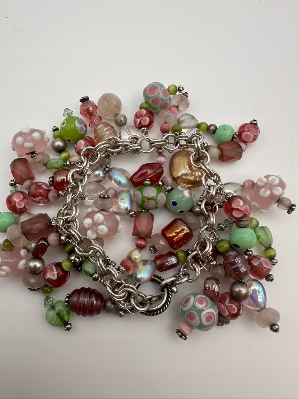 Vintage Y2K Chunky Lampwork Glass Bead Cluster Charm Bracelet Pink Green